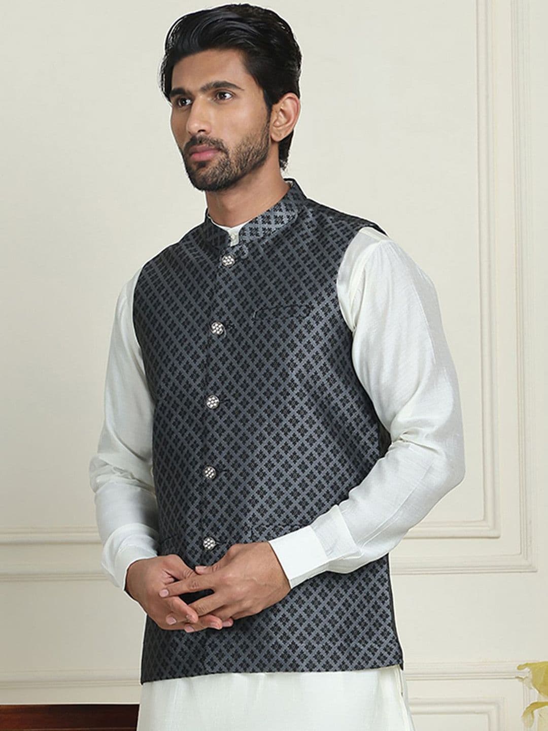 Anouk Woven Design Mandarin Collar Neck Nehru Jacket - view 1