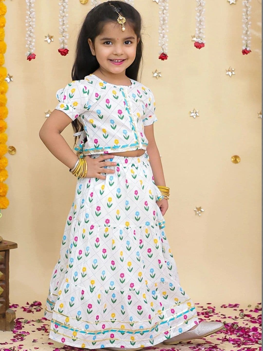 BownBee Pure Cotton Short Puff Sleeves Lehenga Choli Set For Girls White - view 1