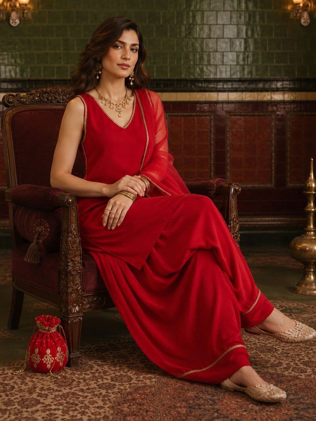 House of Pataudi Women Regular Kurta with Farshi Salwar & With Dupatta - view 1