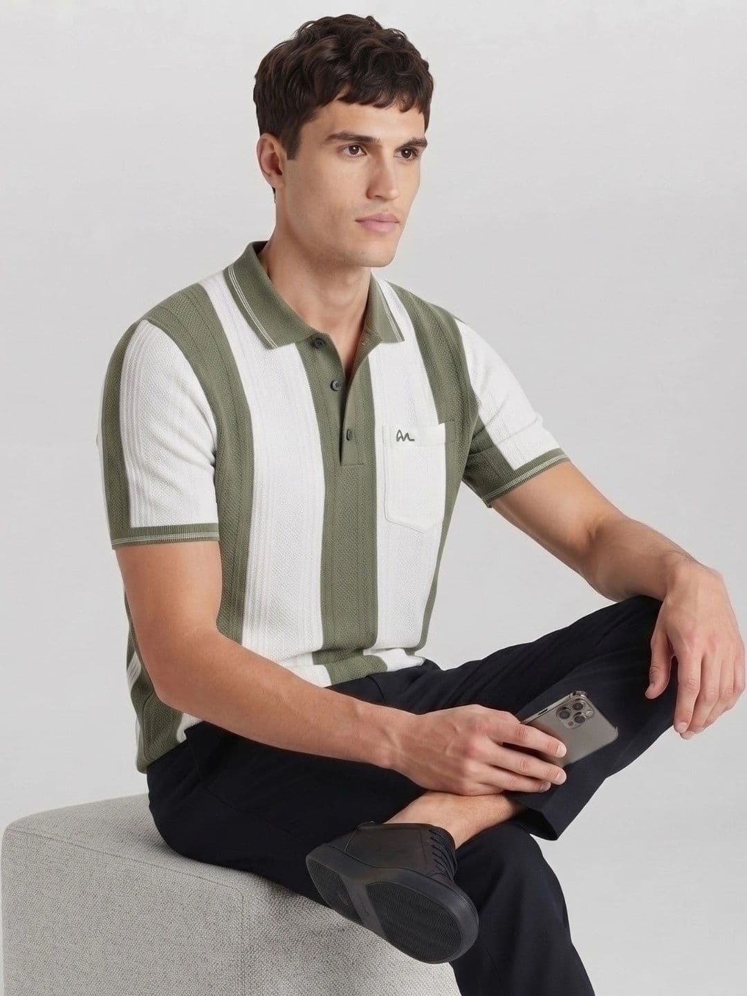MALER Men Striped Polo Collar Monochrome Pockets T-shirt - view 1