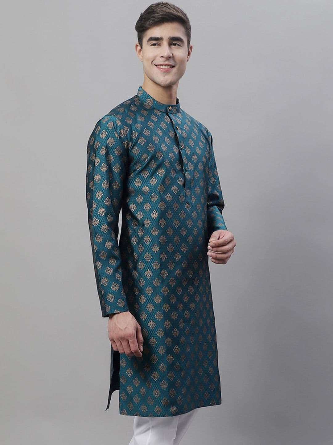 Anouk Teal Blue Ethnic Motifs Woven Design Band Collar Jacquard Kurta - view 1