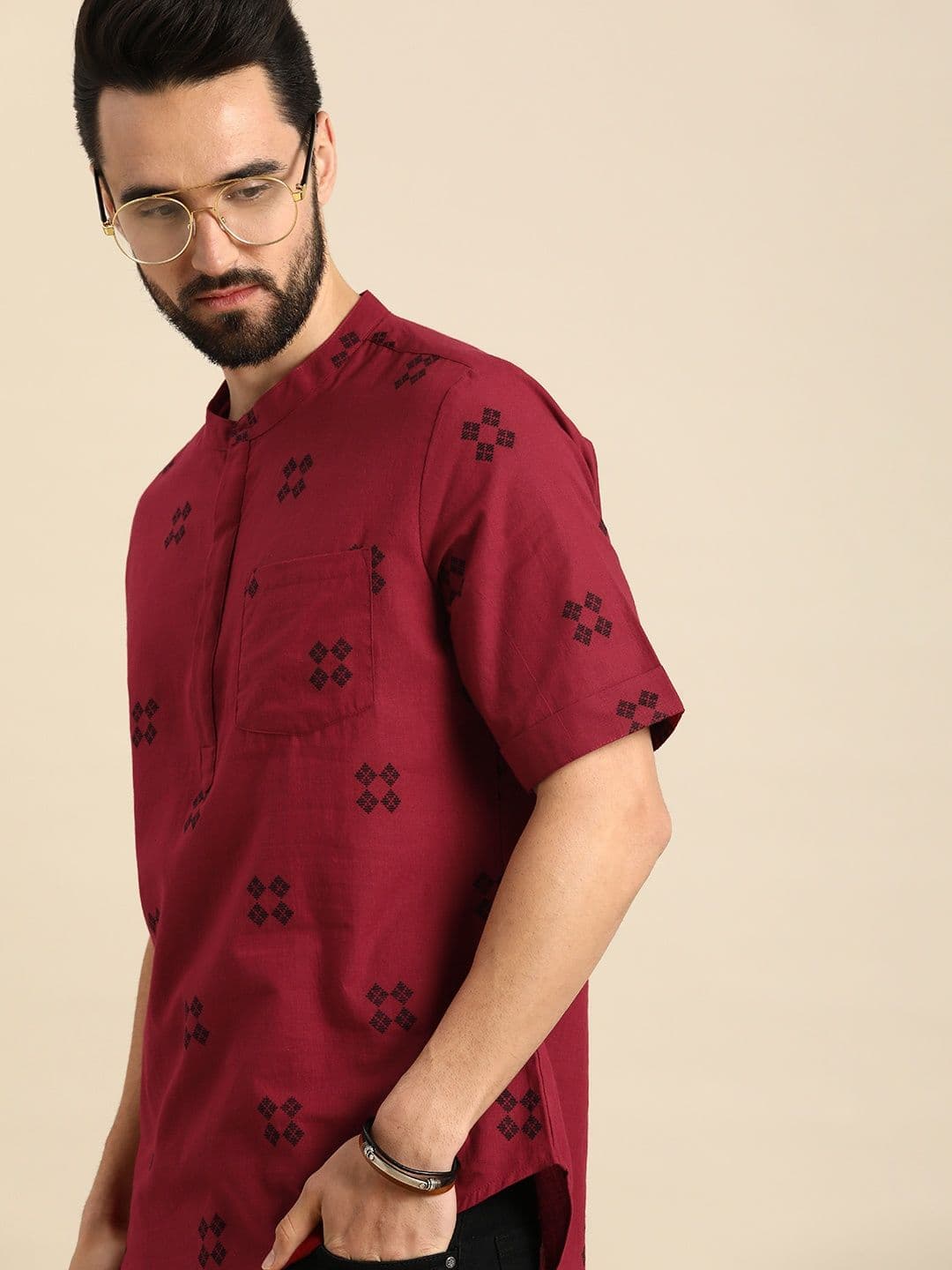 Anouk Men Red & Black Geometric Printed Short Kurta - view 1