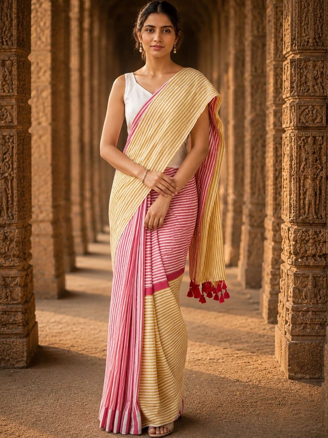 Anjaneya Sarees Striped Linen Blend Designer Block Print Saree - view 1