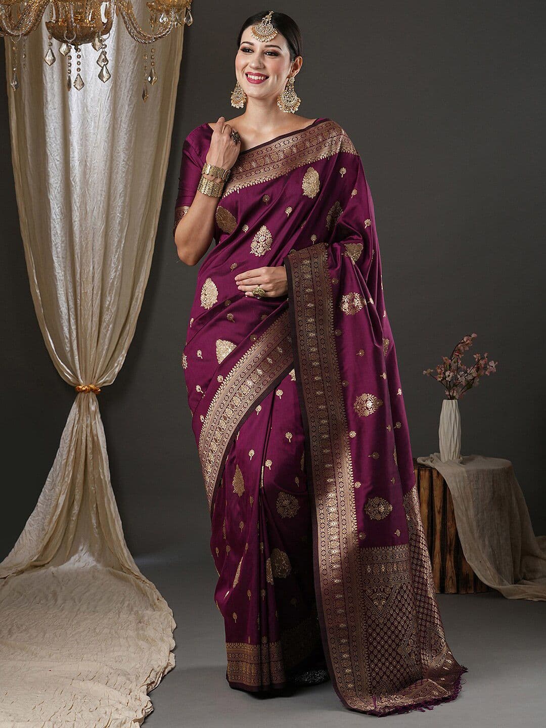 Anouk Purple & Gold-Toned Ethnic Motifs Zari Banarasi Saree - view 1