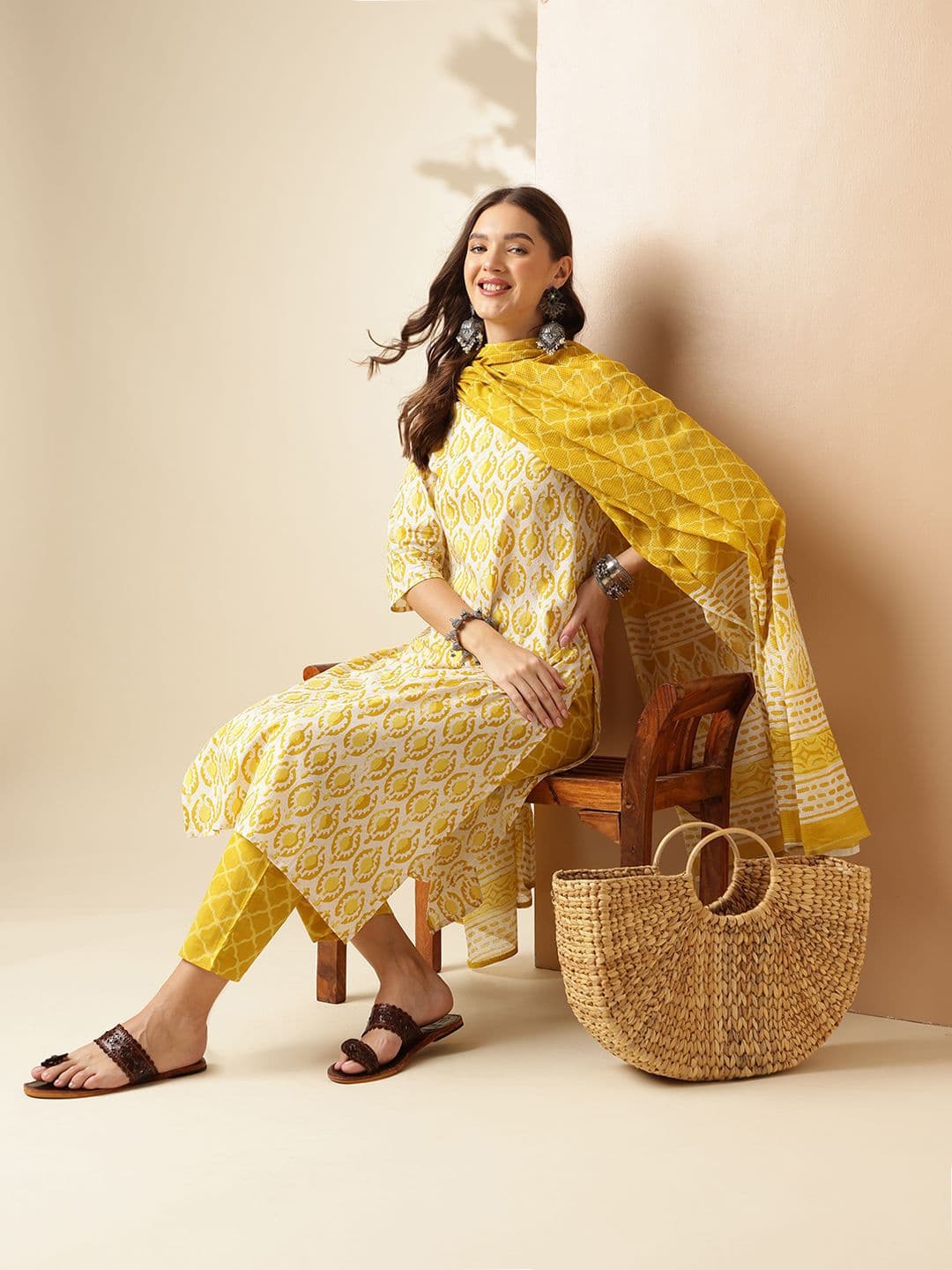 Anouk Yellow and White Ethnic Motifs Printed Pure Cotton Kurta with Trouser & Dupatta - view 1