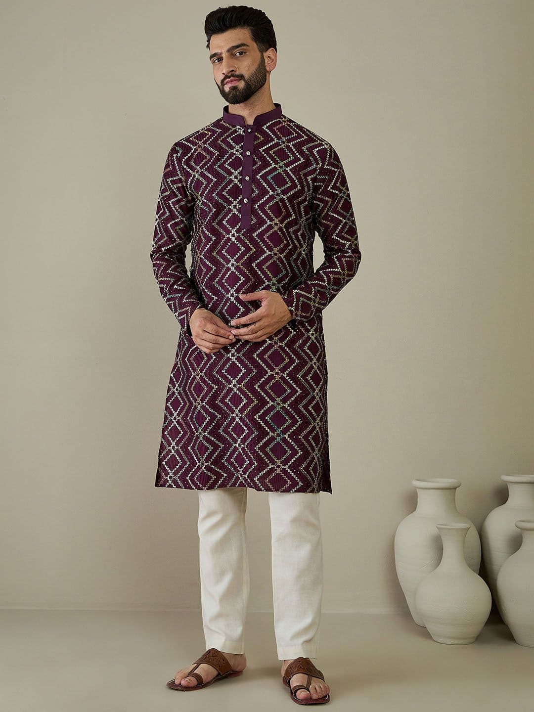 Anouk Men Ethnic Motifs Embroidered Thread Work Kurta - view 1
