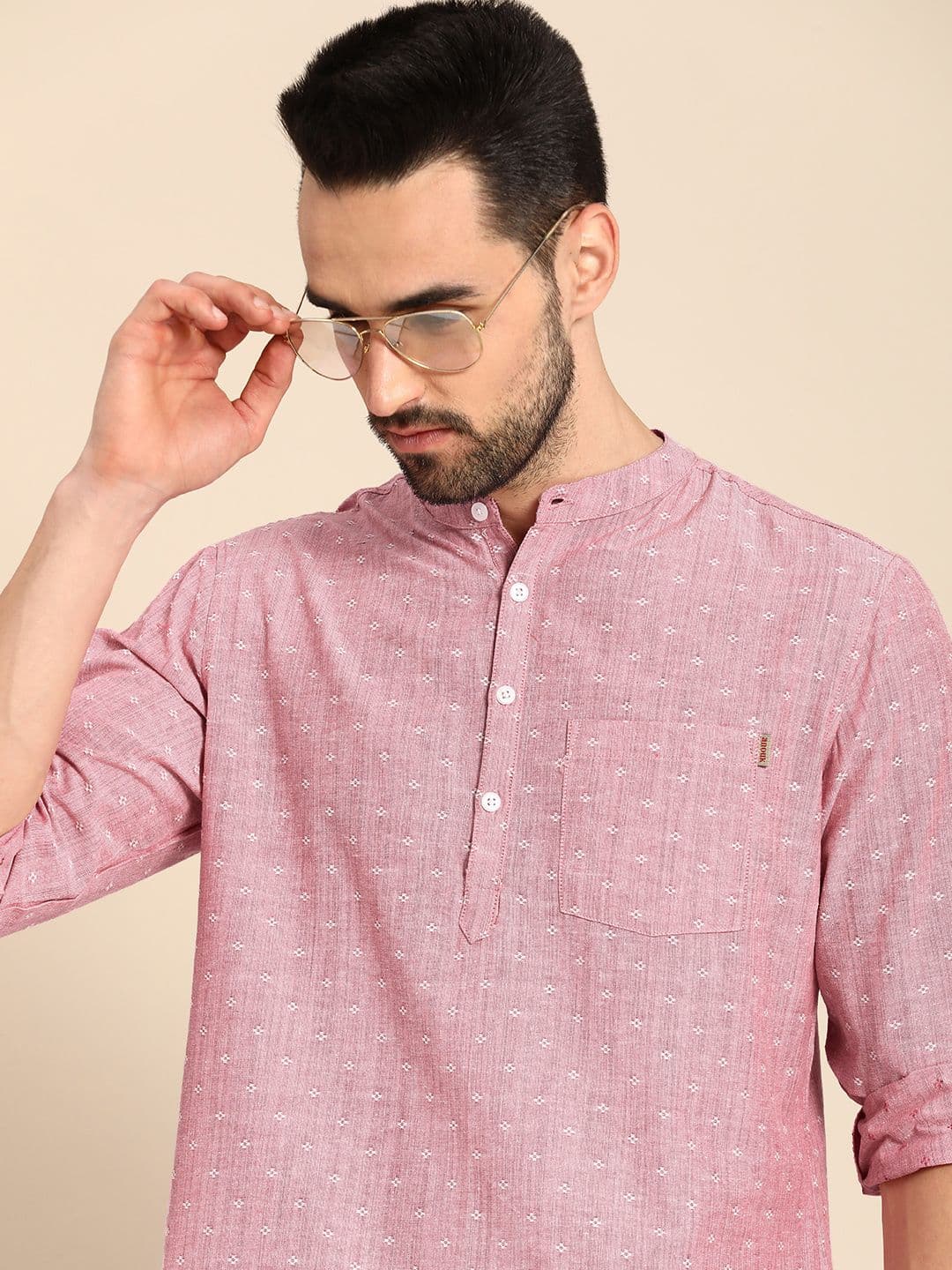 Anouk Men Pink Woven Design Cotton Short Kurta - view 1
