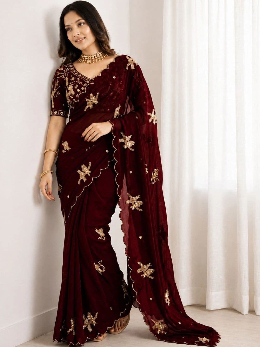 HK TEX Embroidered Satin Saree - view 1