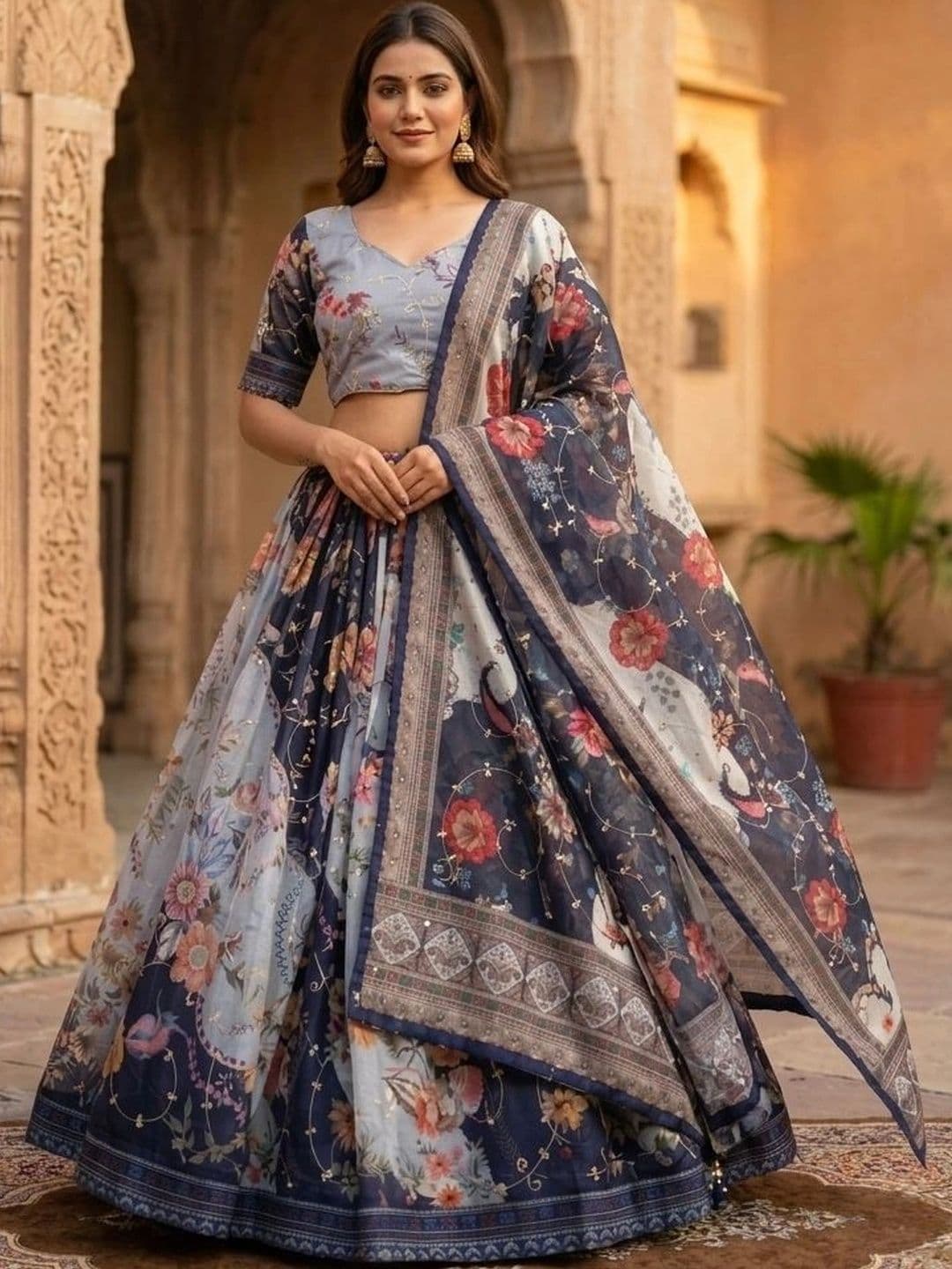 Livewear Printed Ready to Wear Lehenga & Unstitched Blouse With Dupatta - view 1