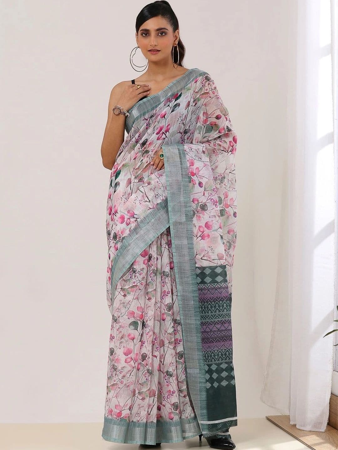 Garden Vareli Floral Linen Blend Mangalagiri Saree - view 1