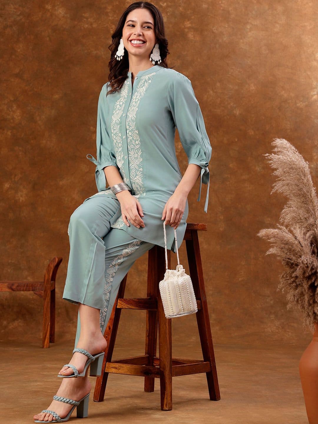 Anouk Blue Embroidered Silk Blend Tunic With Trousers - view 1