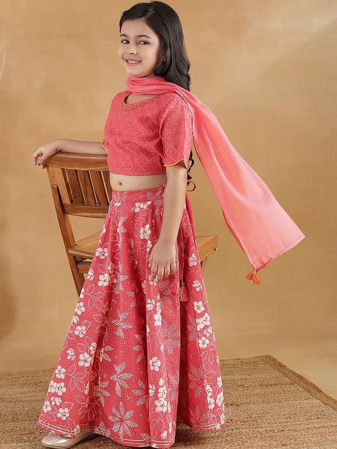 Fabindia Girls Embroidered Thread Work Ready to Wear Lehenga & Blouse With Dupatta - view 1