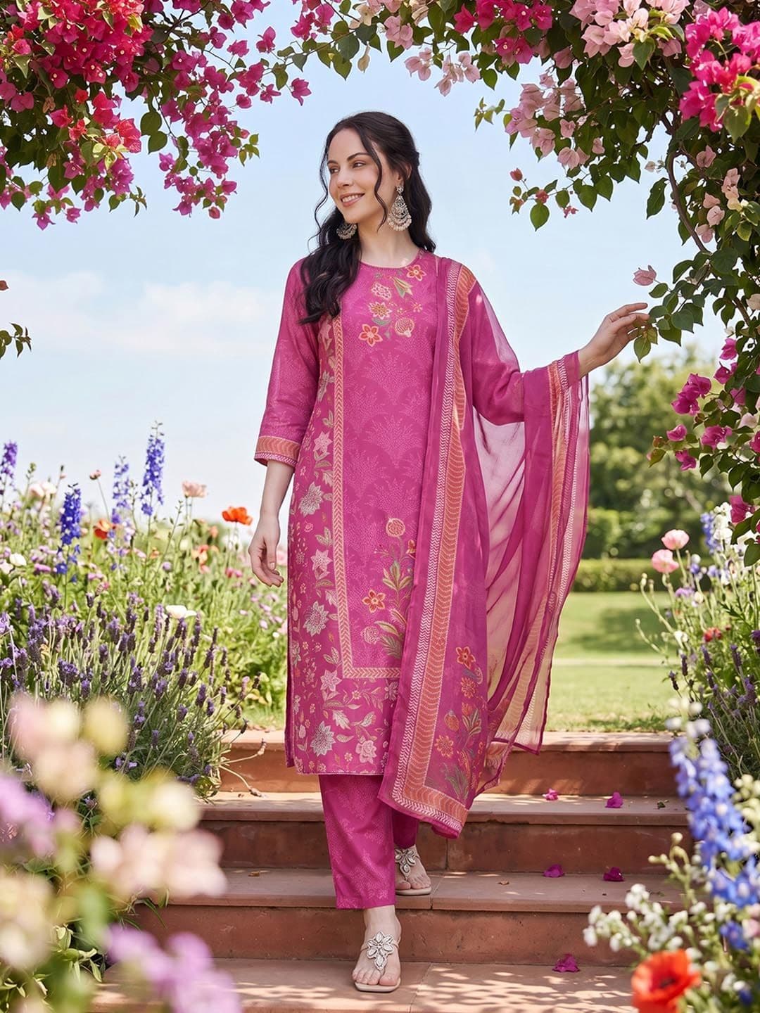 Anouk Floral Print Regular Kurta with Trousers & Dupatta - view 1
