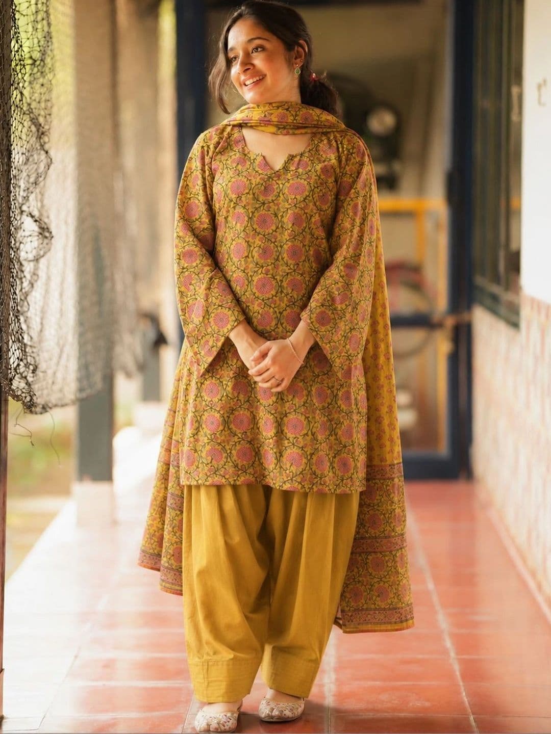 Aaghnya GoSriKi Women's Plus Size Mustard Cotton Blend Printed Short Kurta With Farshi Salwar & Dupatta Sets - view 1