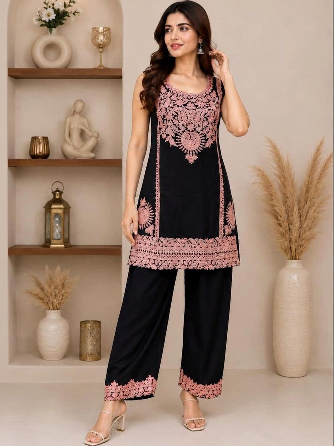 INDO AURA Women Ethnic Motifs Embroidered Regular Thread Work Kurta with Palazzos - view 1