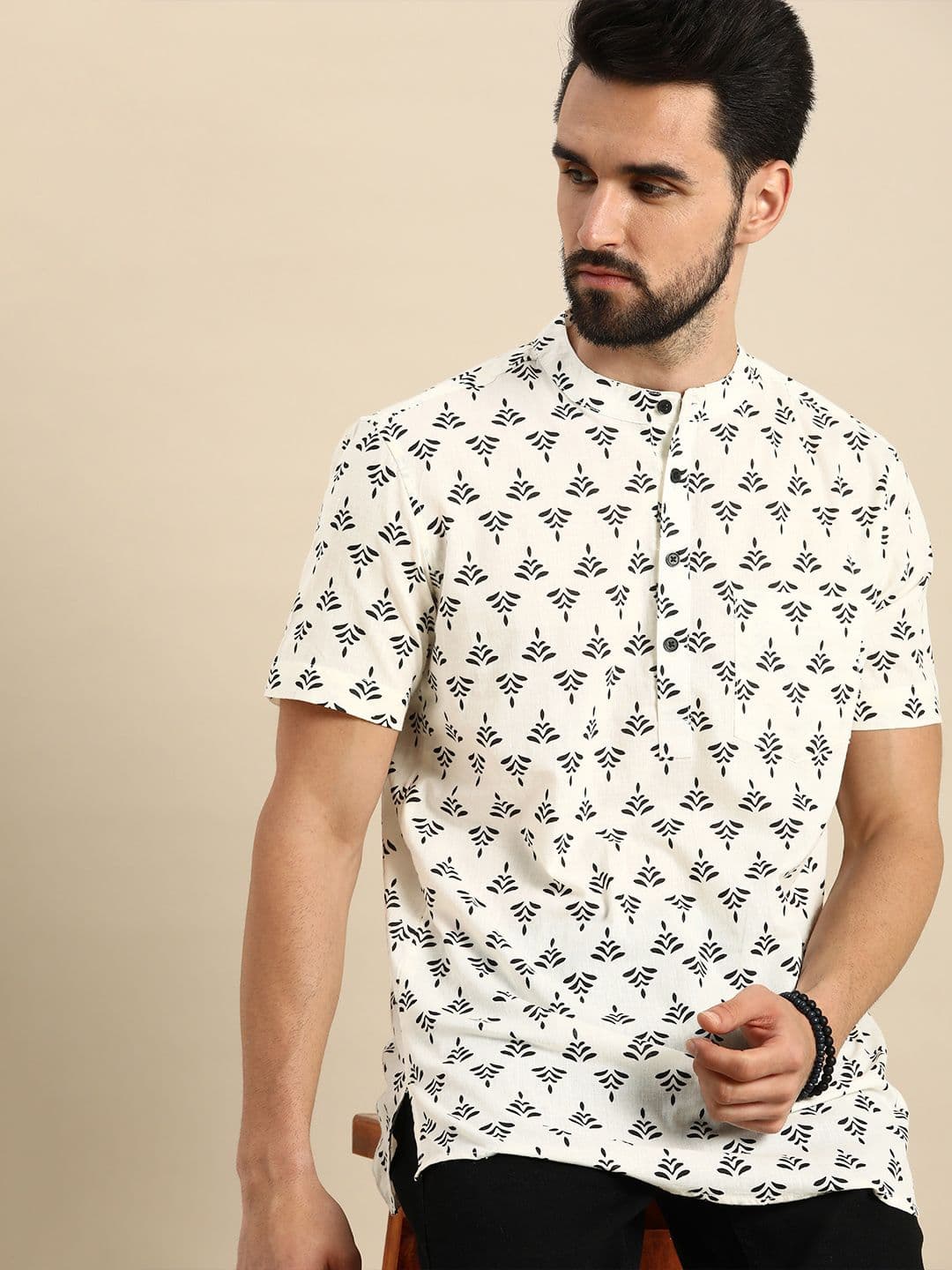 Anouk Men White & Black Ethnic Motifs Printed Short Kurta - view 1