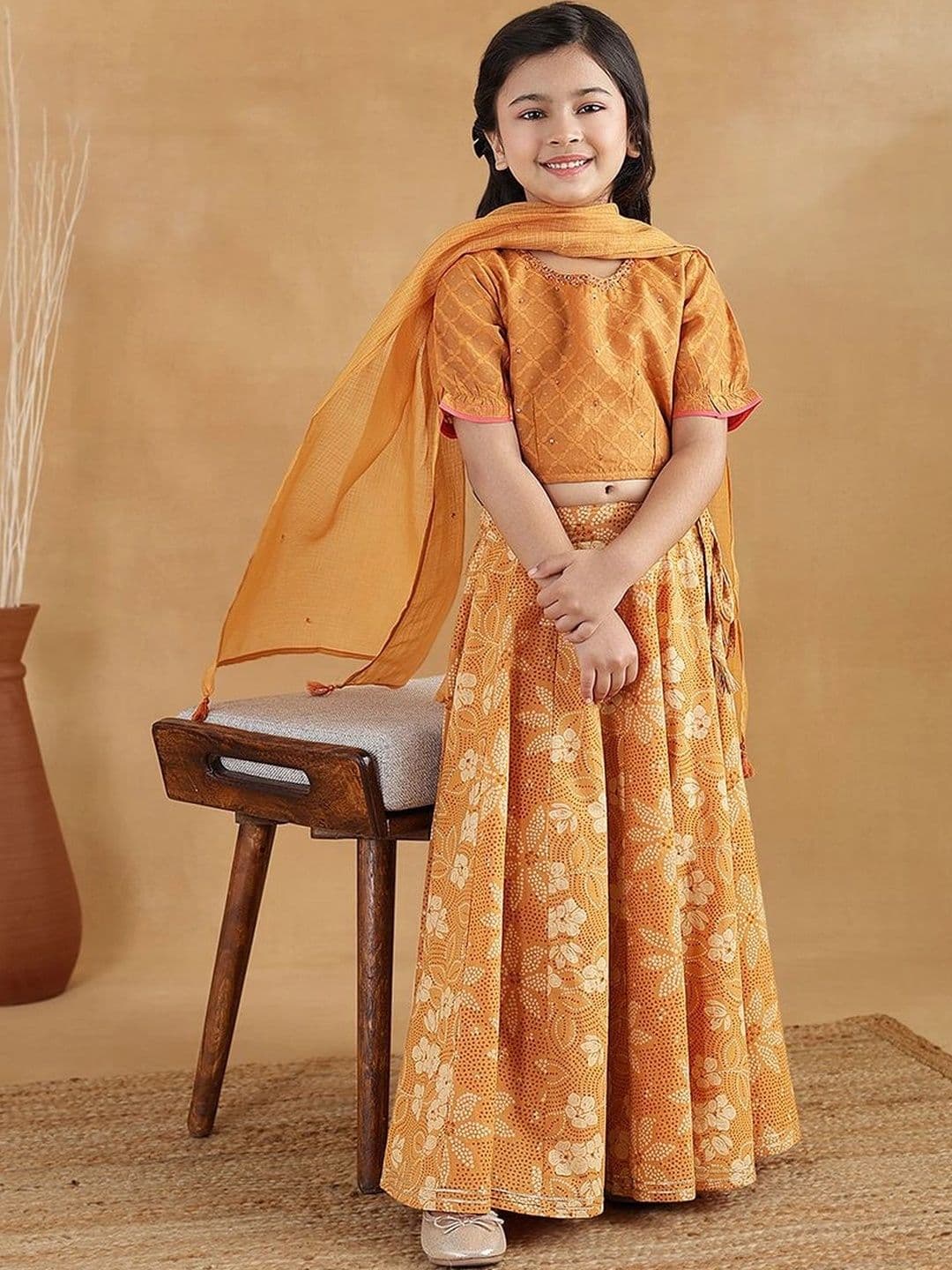 Fabindia Girls Printed Block Print Ready to Wear Lehenga & Blouse With Dupatta - view 1