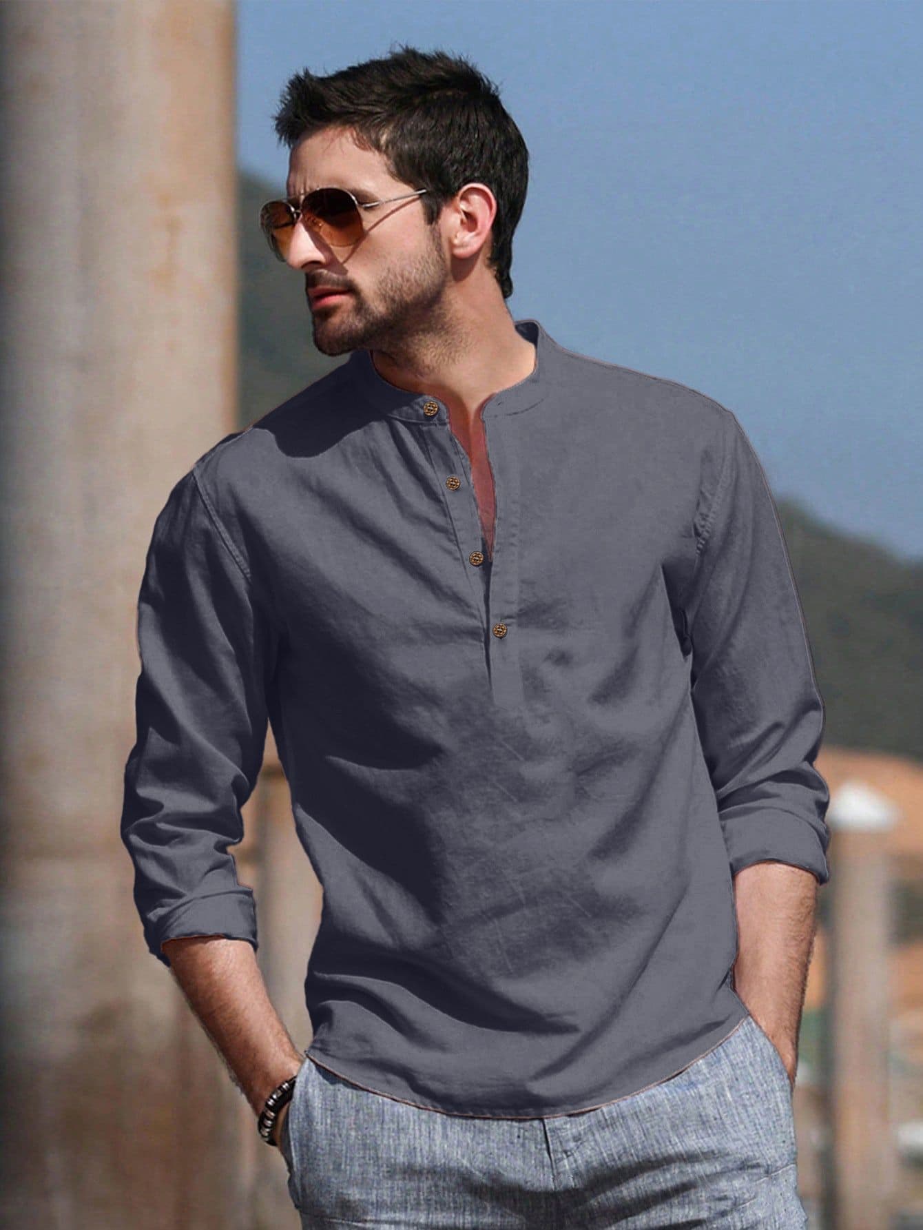 Anouk Cotton Roll-Up Sleeves Band Collar Straight Short Kurta - view 1