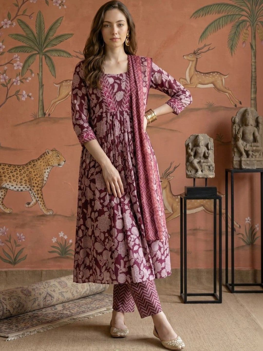Sangria Women Floral Printed Empire Kurta with Trousers & With Dupatta - view 1