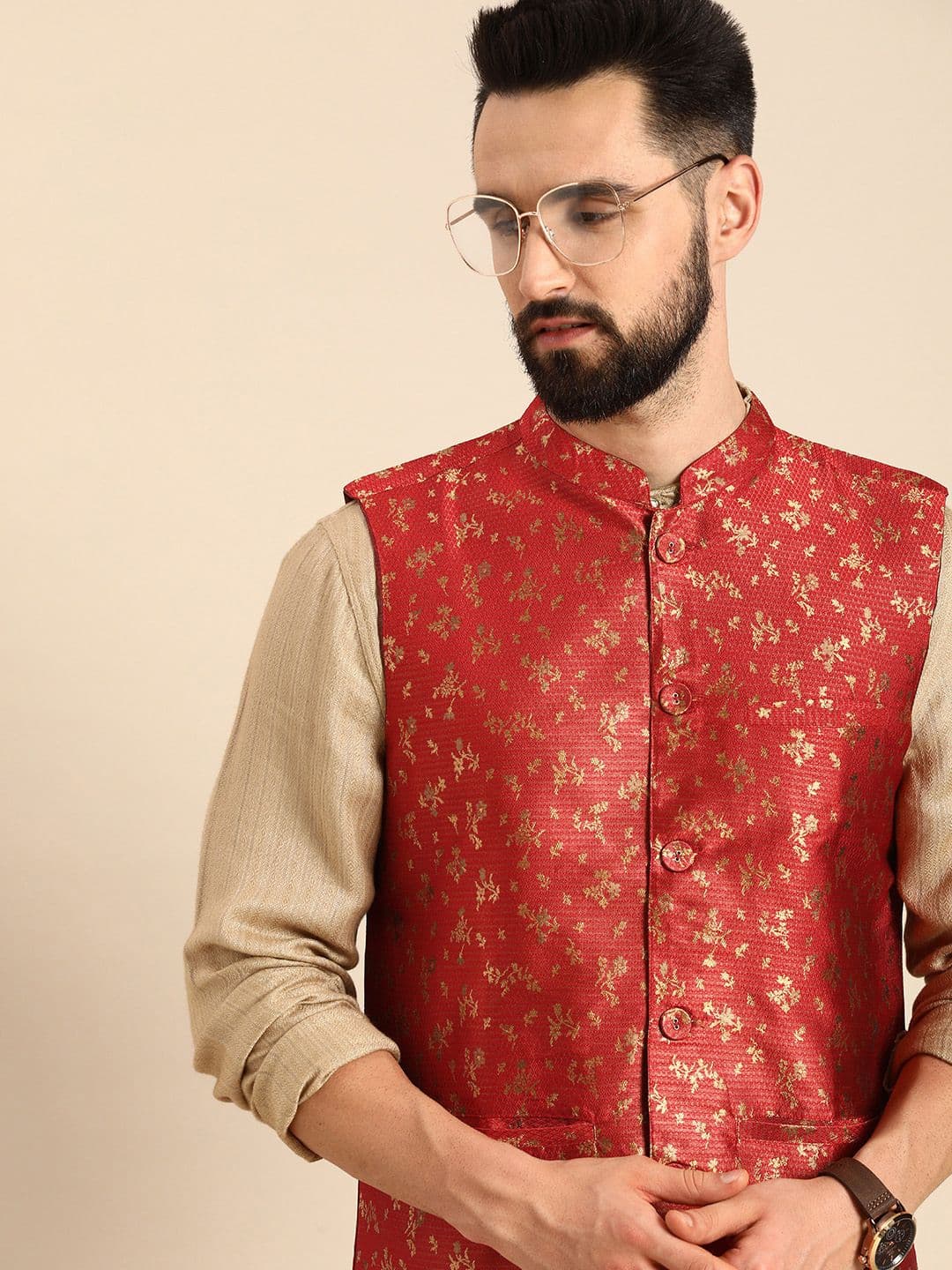 Anouk Men Red Woven Design Nehru Jacket - view 1