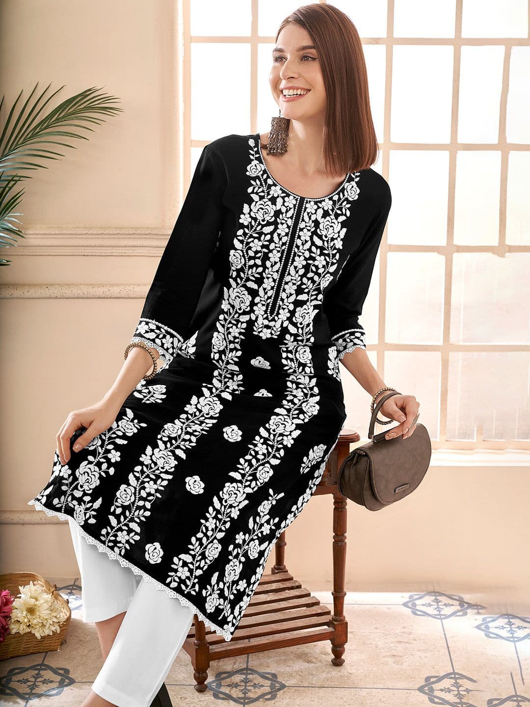 Anouk Floral Embroidered Round Neck Chikankari Straight Kurta - view 1