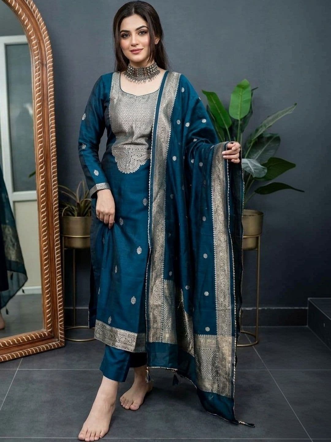 Sangria Women Ethnic Motifs Regular Pure Silk Kurta with Trousers & With Dupatta - view 1