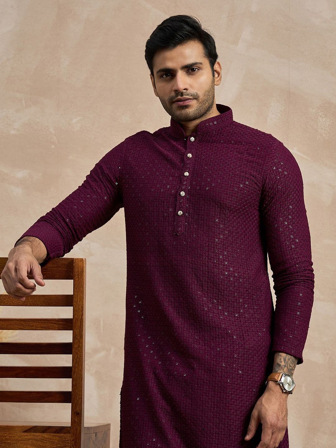Anouk Burgundy Geometric Embroidered Mandarin Collar Sequins Straight Kurta - view 1