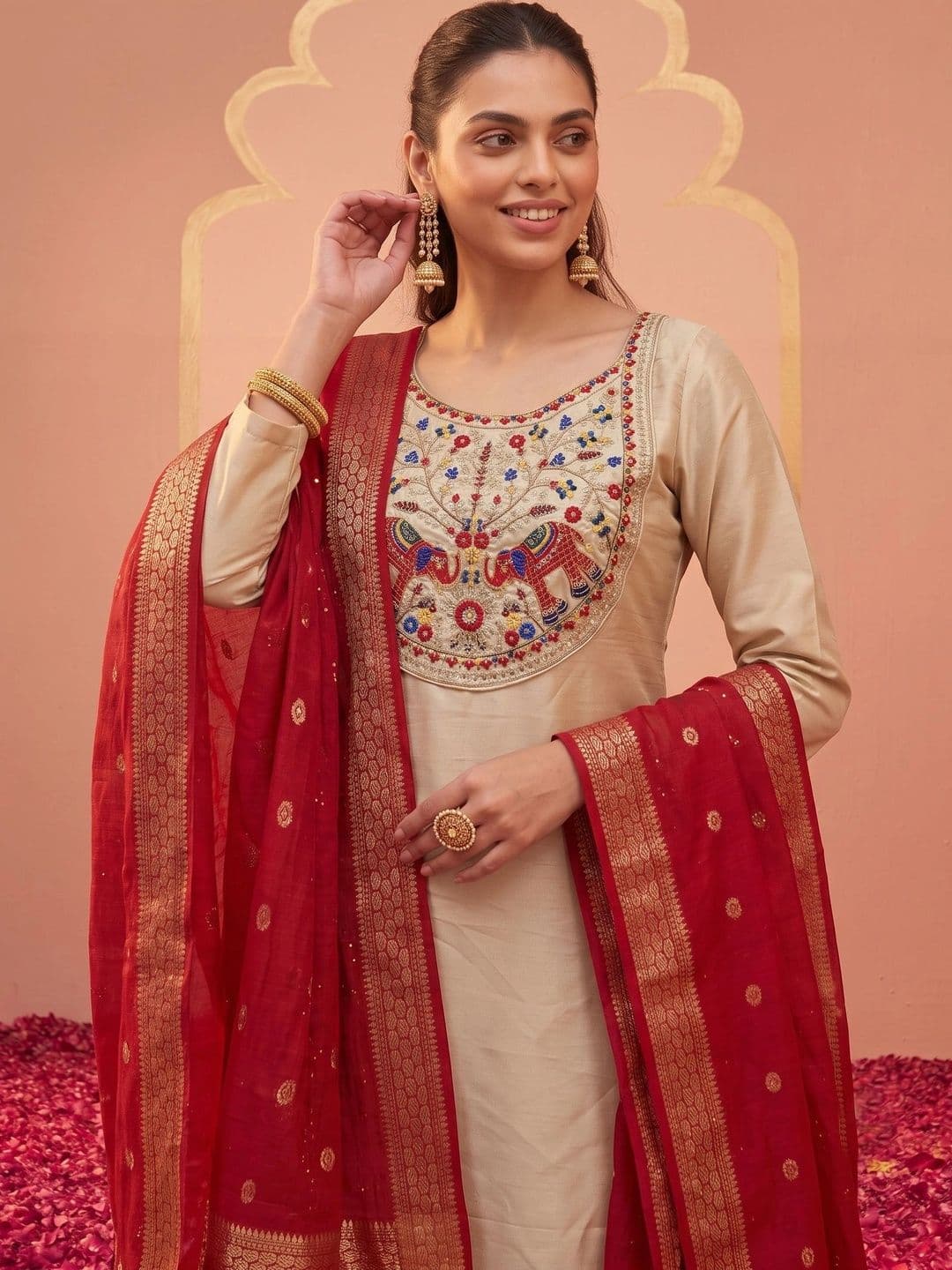 HERE&NOW Women Ethnic Motifs Embroidered Regular Thread Work Kurta with Trousers & With Dupatta - view 1