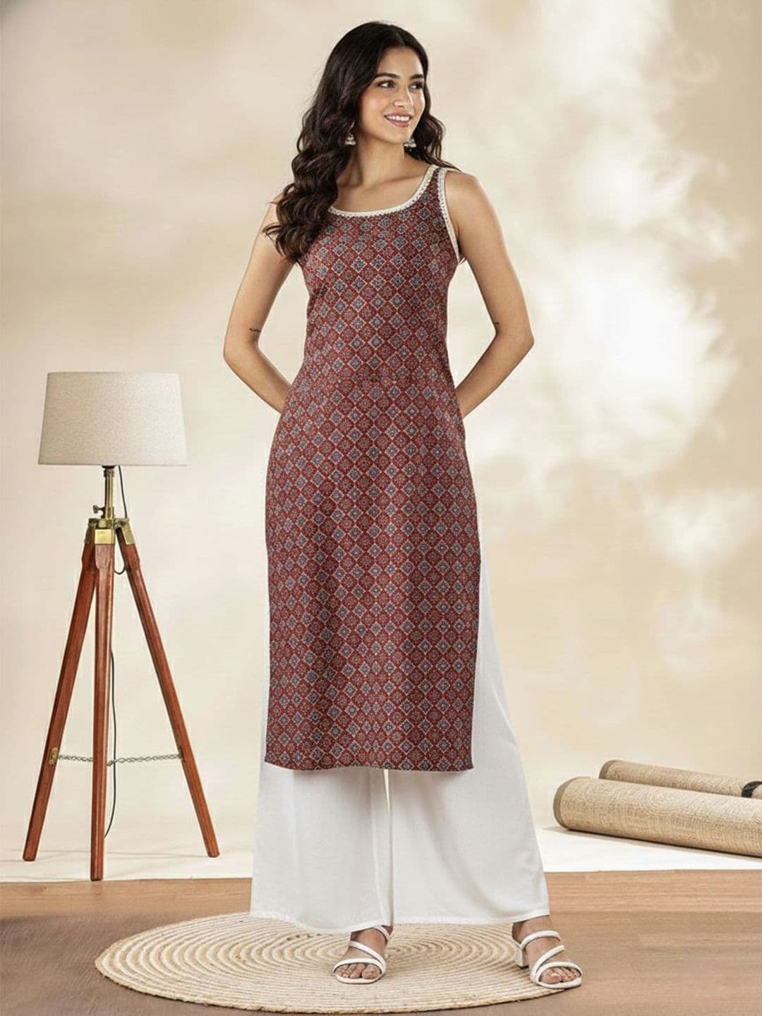 Anouk Floral Printed Round Neck Sleeveless Straight Cotton Kurta - view 1