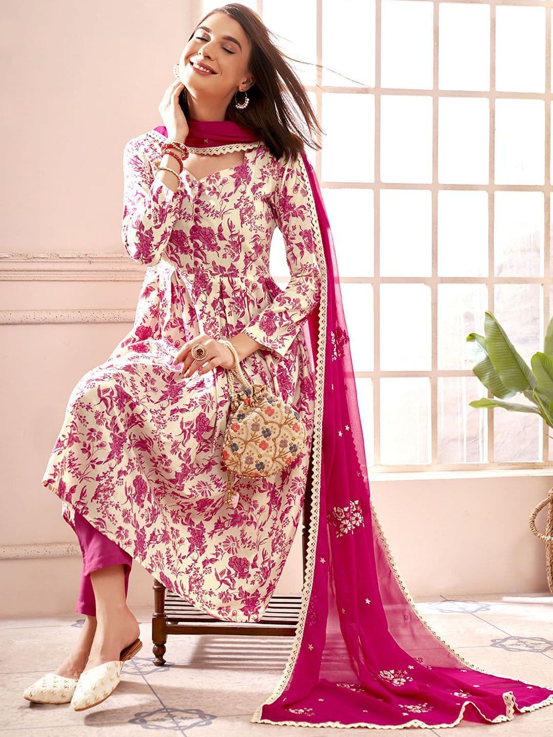 Anouk Women Floral Printed Pleated Thread Work Kurta with Trousers & With Dupatta - view 1
