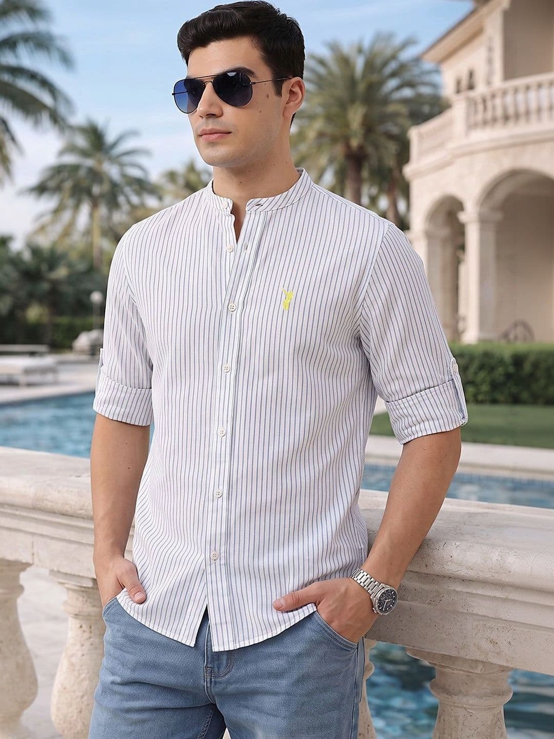 Thomas Scott Men Roll-Up Sleeve Mandarin Collar Casual Shirt - view 1