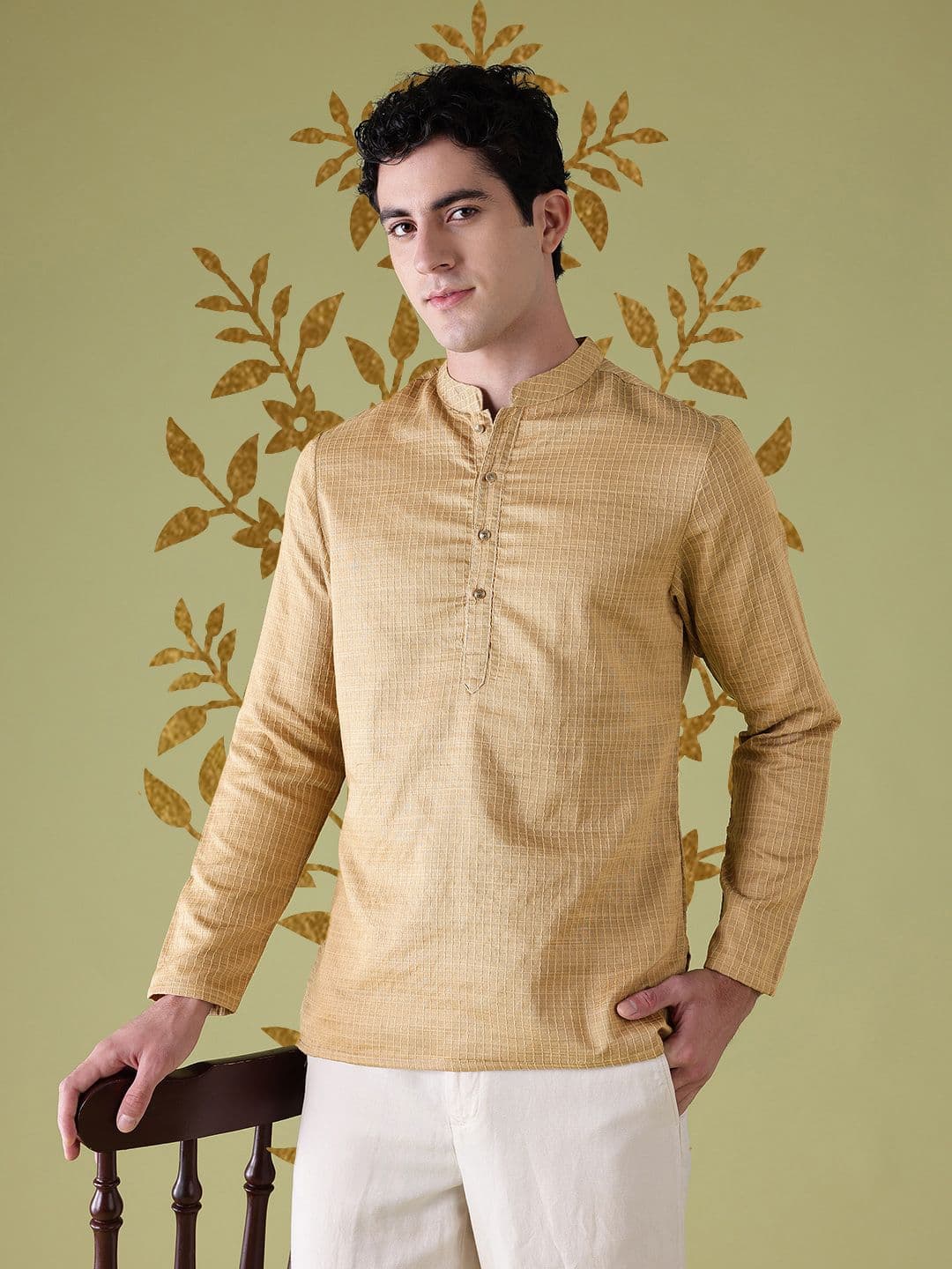 Anouk Self Striped Thread Work Mandarin Collar Straight Kurta - view 1