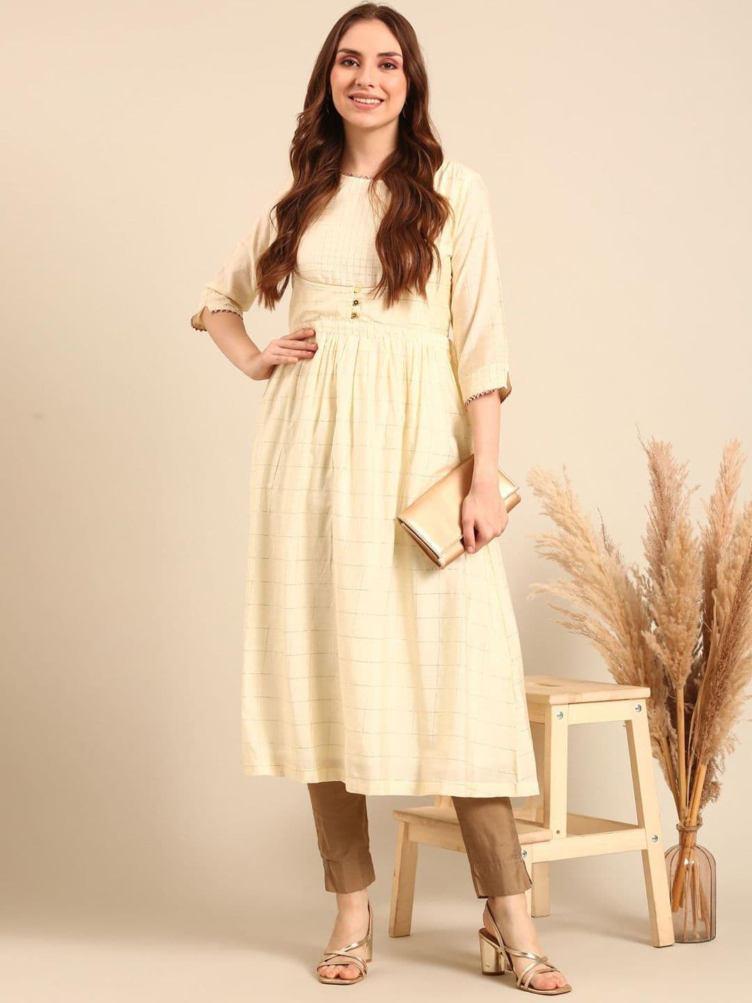 Anouk Off White Checked Sequinned Cotton Panelled A-Line Kurta - view 1
