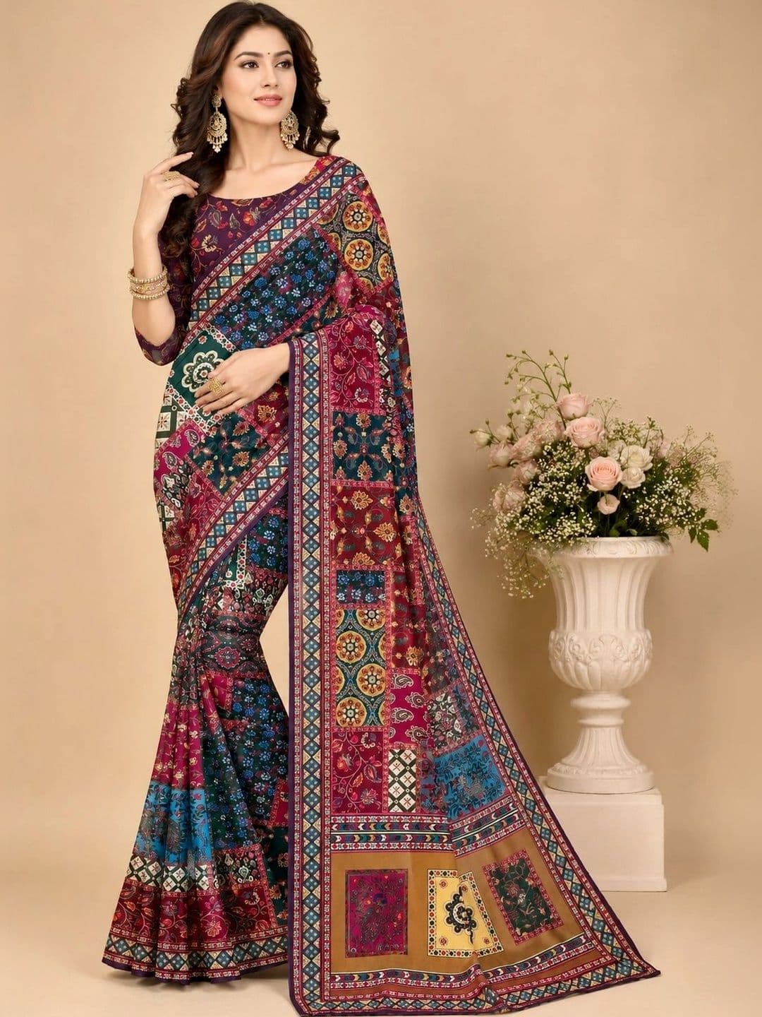 VIYONA FASHION Paisley Poly Georgette Patola Saree - view 1