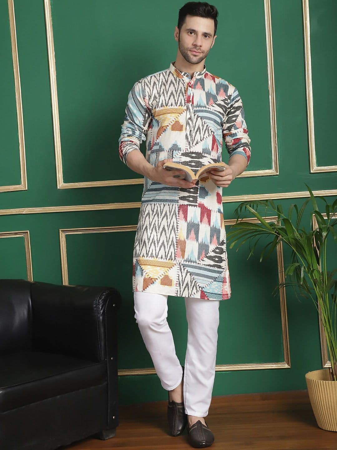 Anouk Beige Abstract Printed Band Collar Pure Cotton Straight Kurta - view 1
