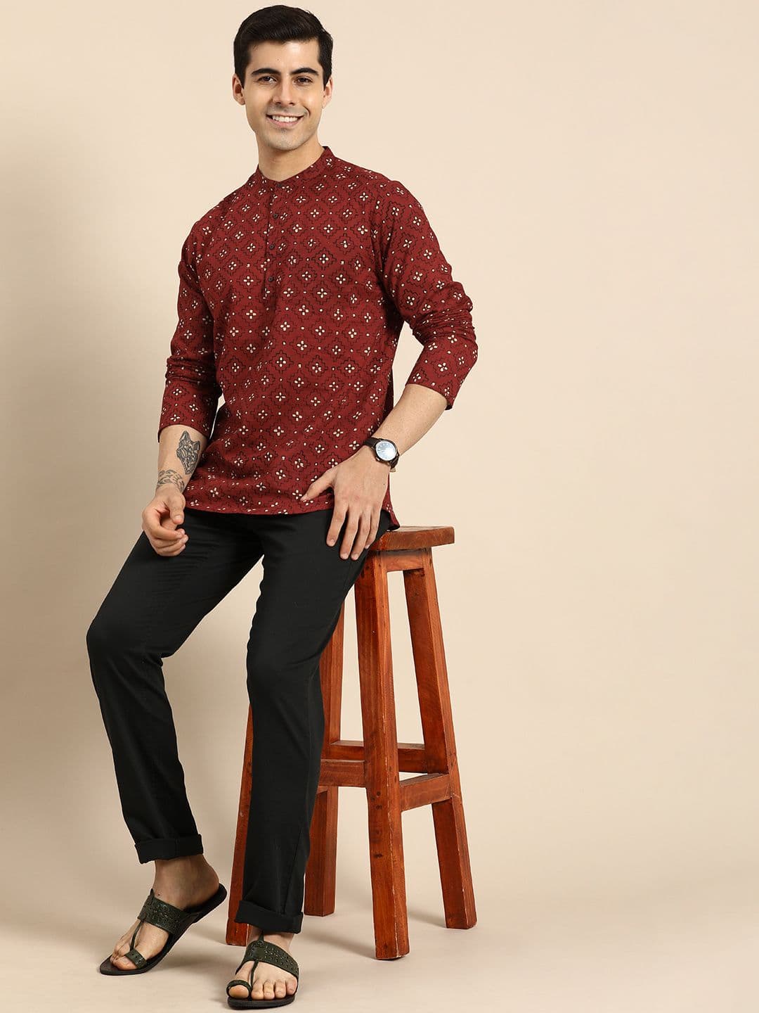 Anouk Men Red & Cream-Coloured Ethnic Motifs Printed Cotton Short Kurta - view 1