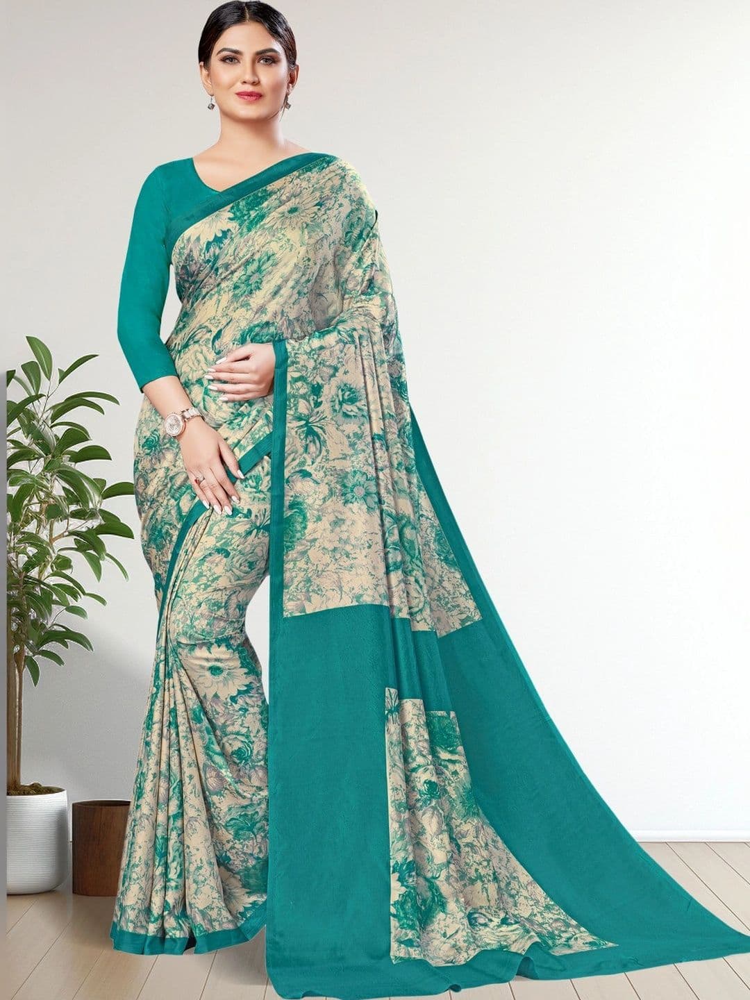 Novus Knitting Floral Satin Saree - view 1