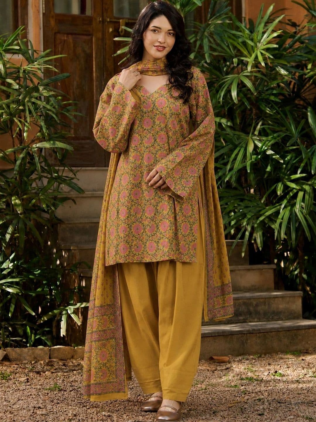 SZN GoSriKi Women's Mustard Cotton Blend Printed Short Kurta With Farshi Salwar & Dupatta Sets - view 1