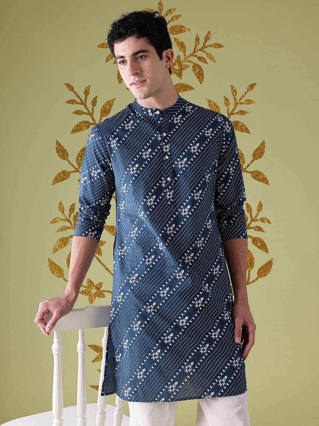 Anouk Ethnic Motifs Printed Band Collar Pure Cotton Straight Kurta - view 1