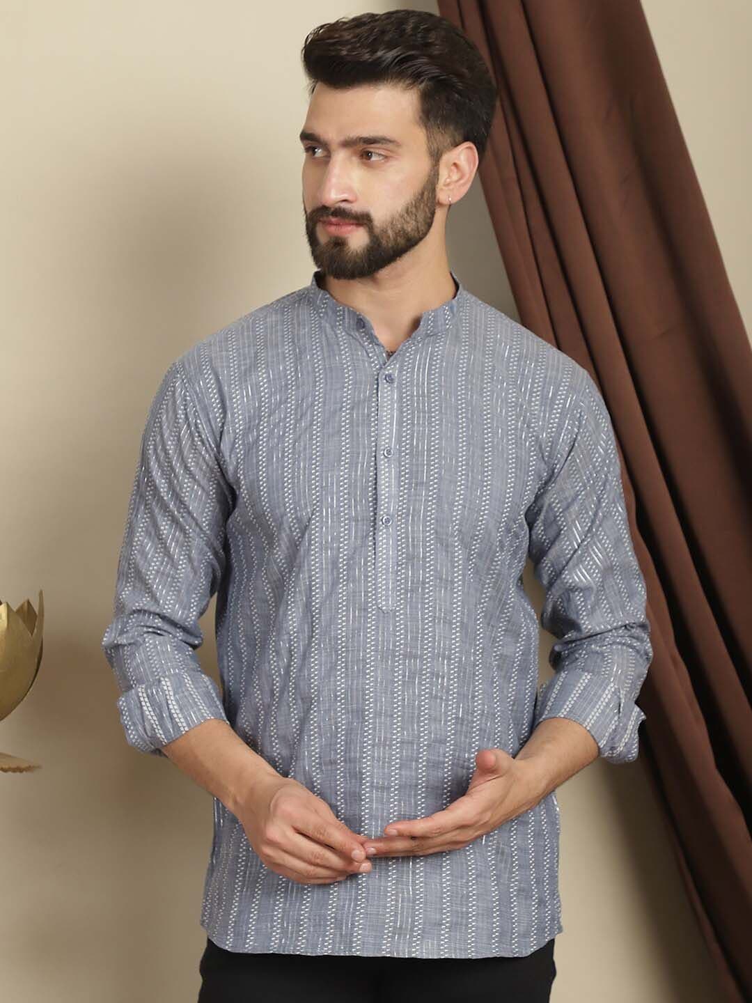 Anouk Geometric Mandarin Collar Long Sleeves Thread Work Cotton Straight Short Kurta - view 1