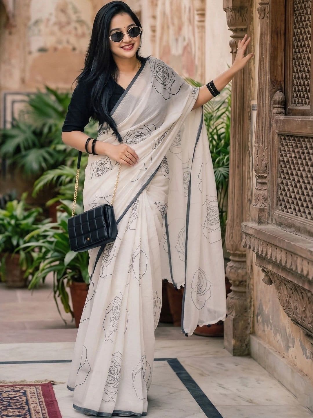 AAVEE Floral Zari Pure Linen Designer Saree - view 1