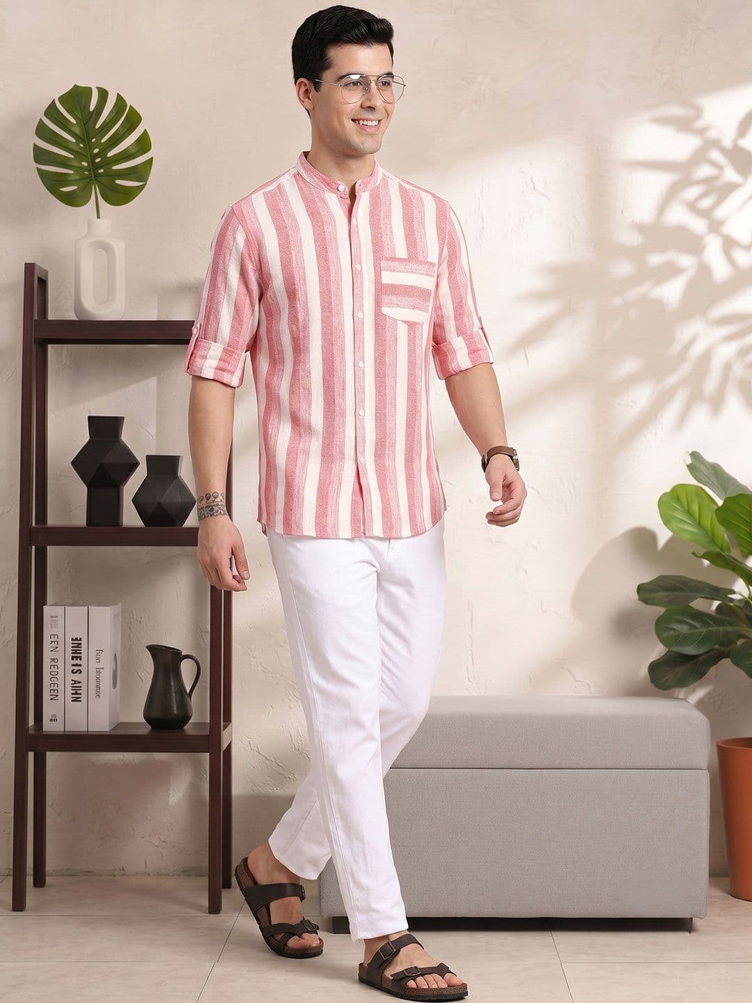 Anouk Horizontal Striped Band-Collar Casual Shirt - view 1