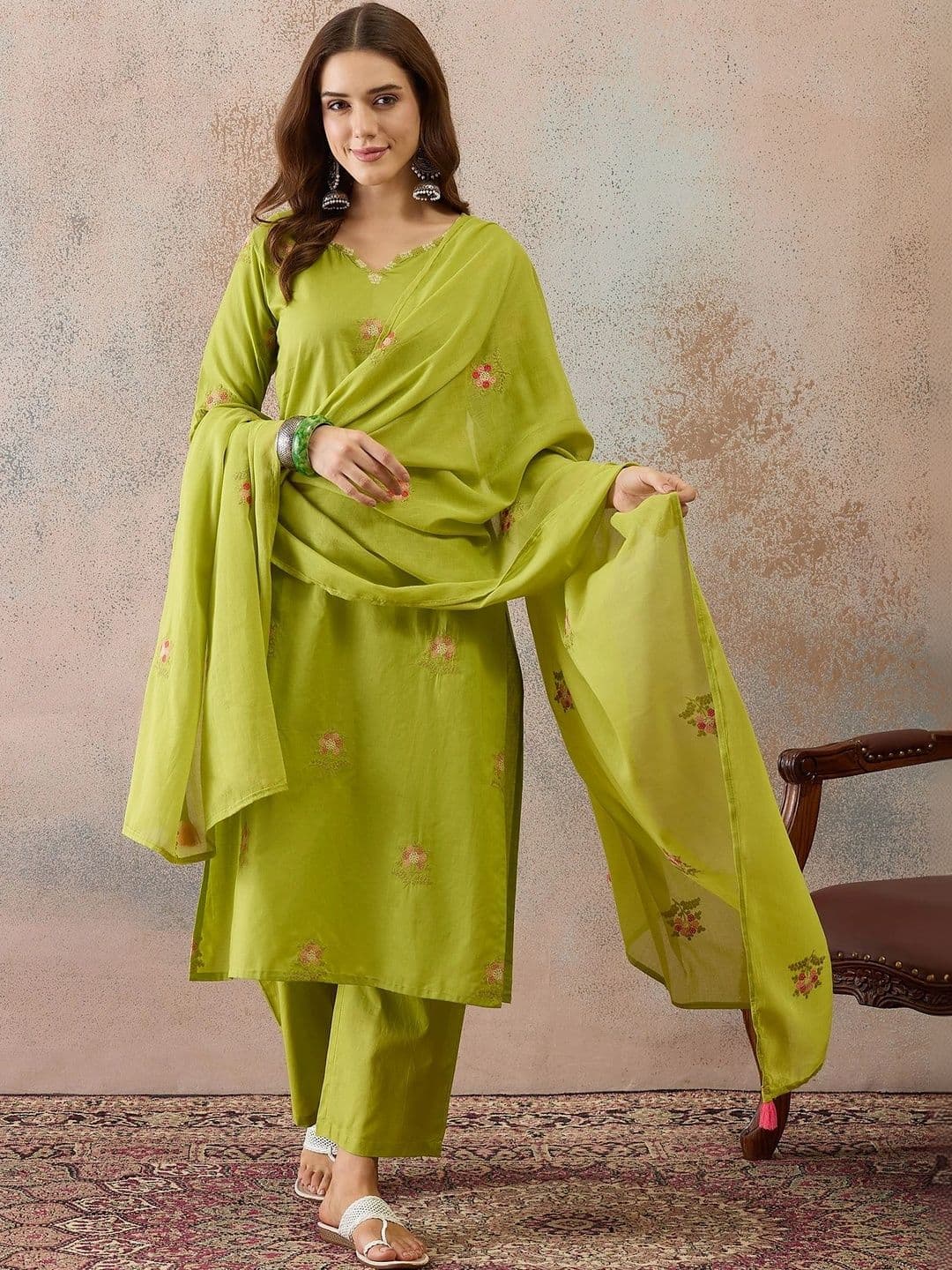 Anouk Women Floral Embroidered Regular Thread Work Pure Cotton Kurta with Trousers & With Dupatta - view 1