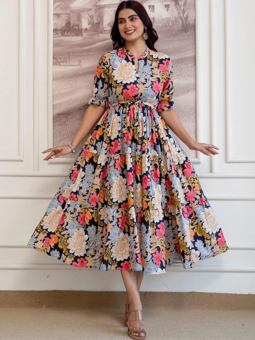 Sangria Printed Mandarin Collar Fit and Flare Ethnic Dresses - view 1