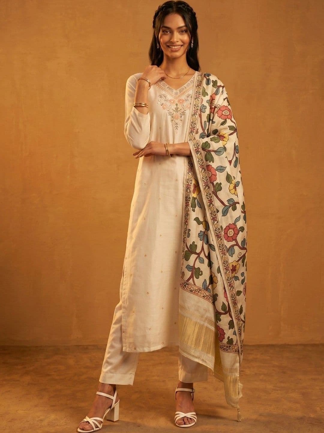 KINDA DESI Women Floral Embroidered Regular Thread Work Kurta with Trousers & With Dupatta - view 1