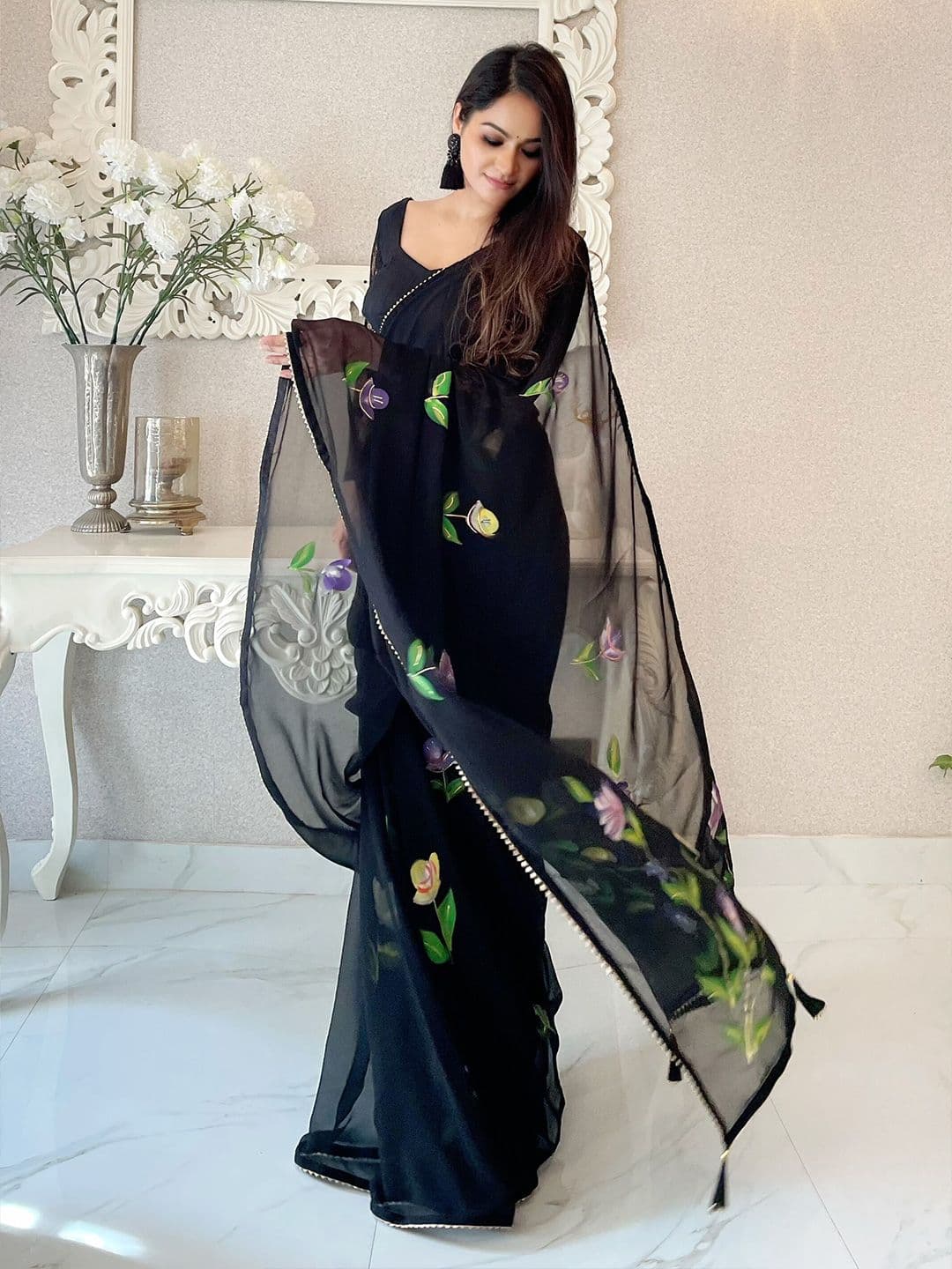 Anouk Black & Black Floral Poly Georgette Designer Saree - view 1
