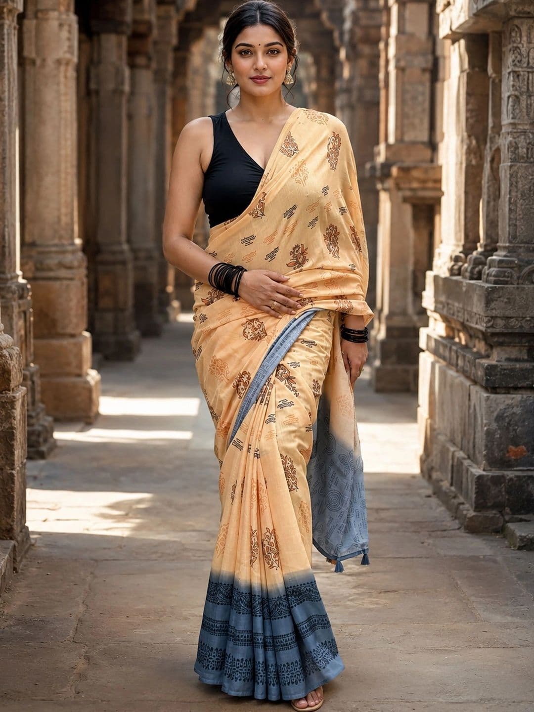 Anjaneya Sarees Linen Blend Designer Block Print Saree - view 1