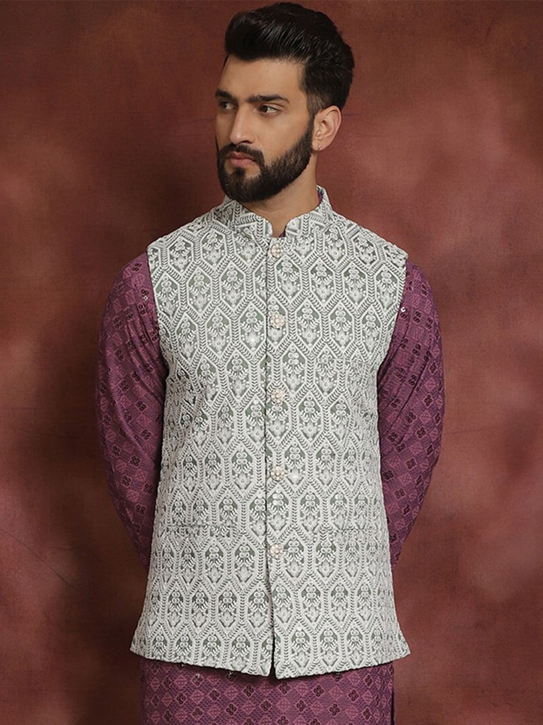 Anouk Green Embroidered Mandarin Collar Nehru Jacket - view 1