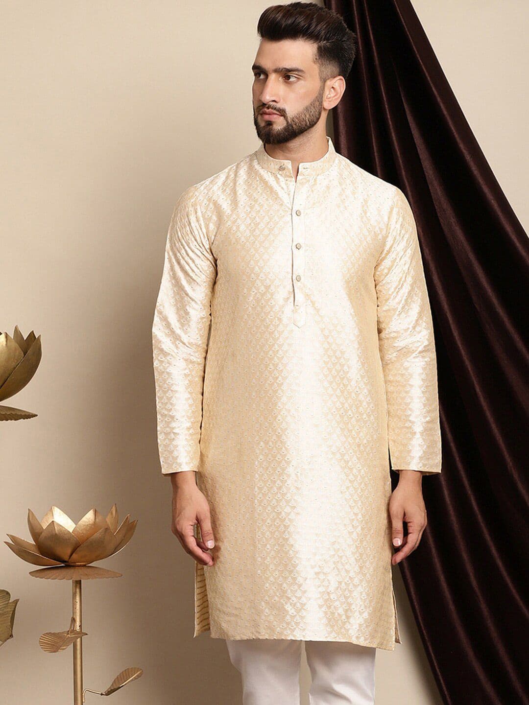 Anouk Ethnic Motifs Woven Design Band Collar Silk Cotton Regular Kurta - view 1