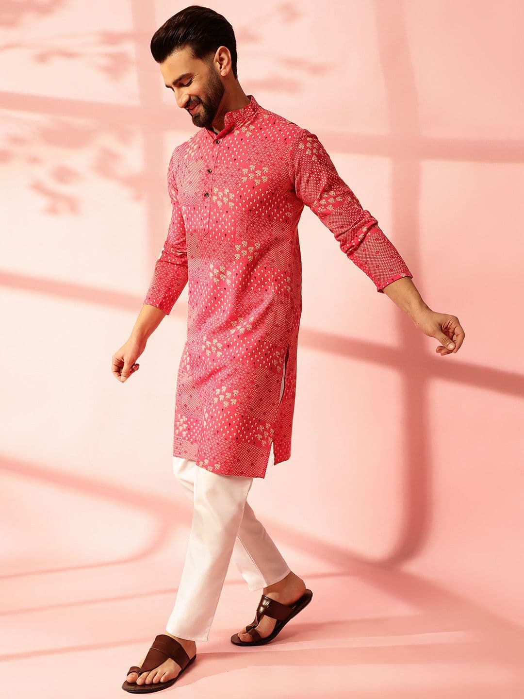 Anouk Floral Printed Band Collar Cotton Linen Straight Kurta - view 1